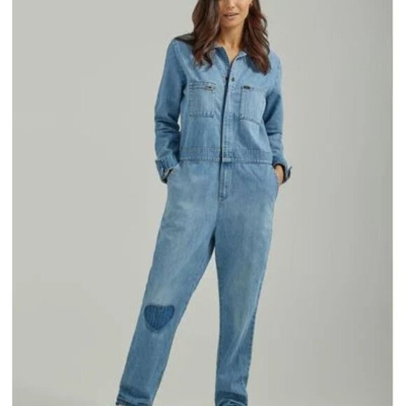 Lee Union-Alls Jumpsuit Women's Size S Blue Denim Heart Patch Cover Alls - Picture 1 of 13
